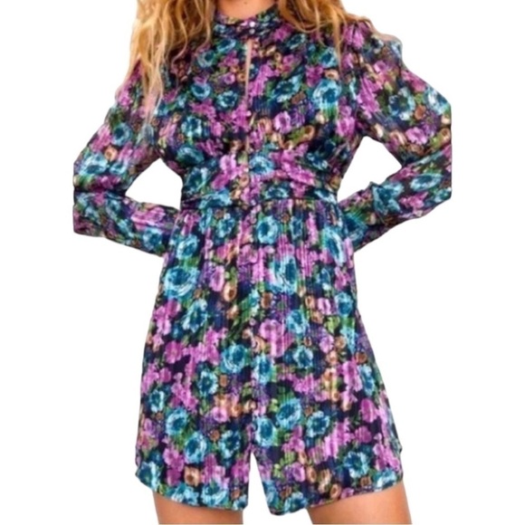 Zara Metallic Thread Floral High Neck Long sleeve Short Mini Dress Size M - Picture 1 of 13